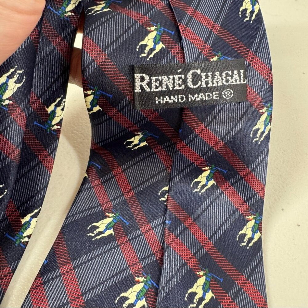 René Chagal Silk Polo Horse Tie Navy Plaid Equestrian Designer Necktie - Picture 6 of 12